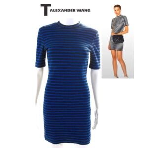 ALEXANDER WANG STRIPED COTTON-MOCK NECK MINI DRESS IN BLACK AND BLUE size XS